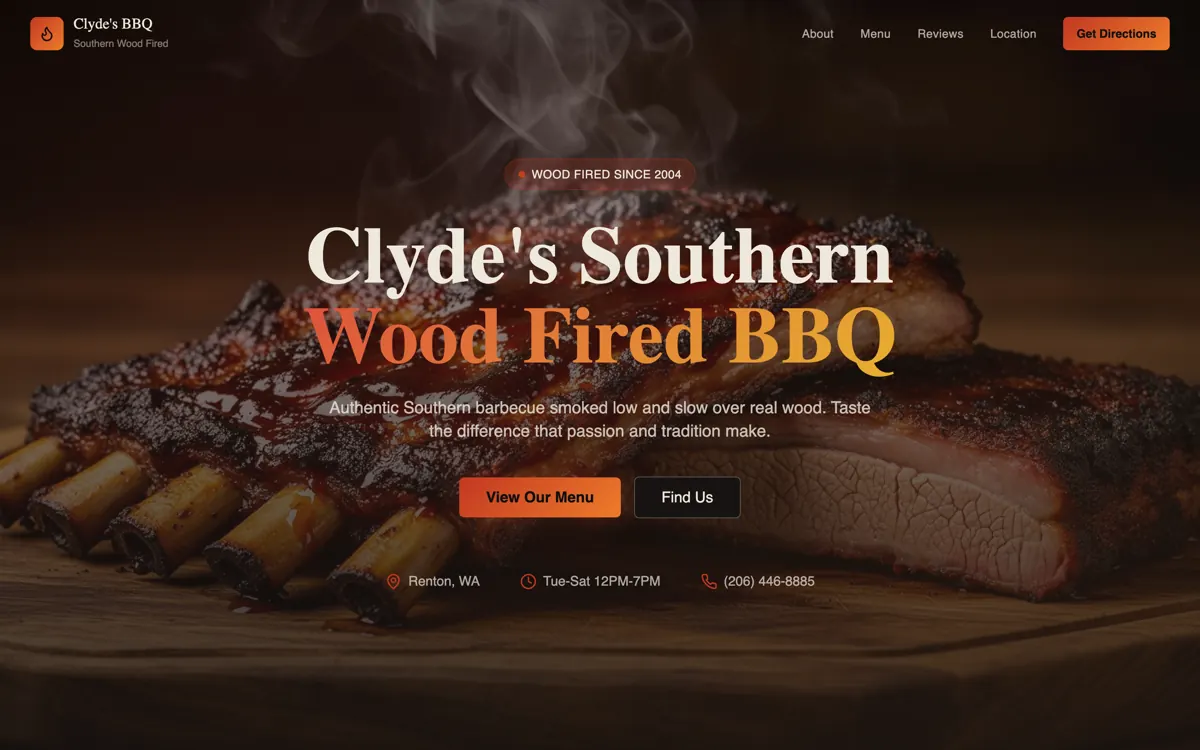 Screenshot of Clyde's Southern Wood Fired BBQ homepage