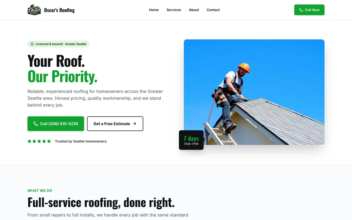 Screenshot of Oscar's Roofing homepage